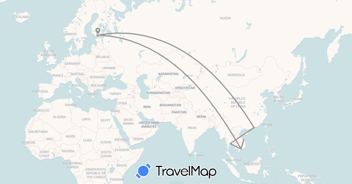 TravelMap itinerary: driving, plane in Finland, Hong Kong, Cambodia, Thailand, Vietnam (Asia, Europe)